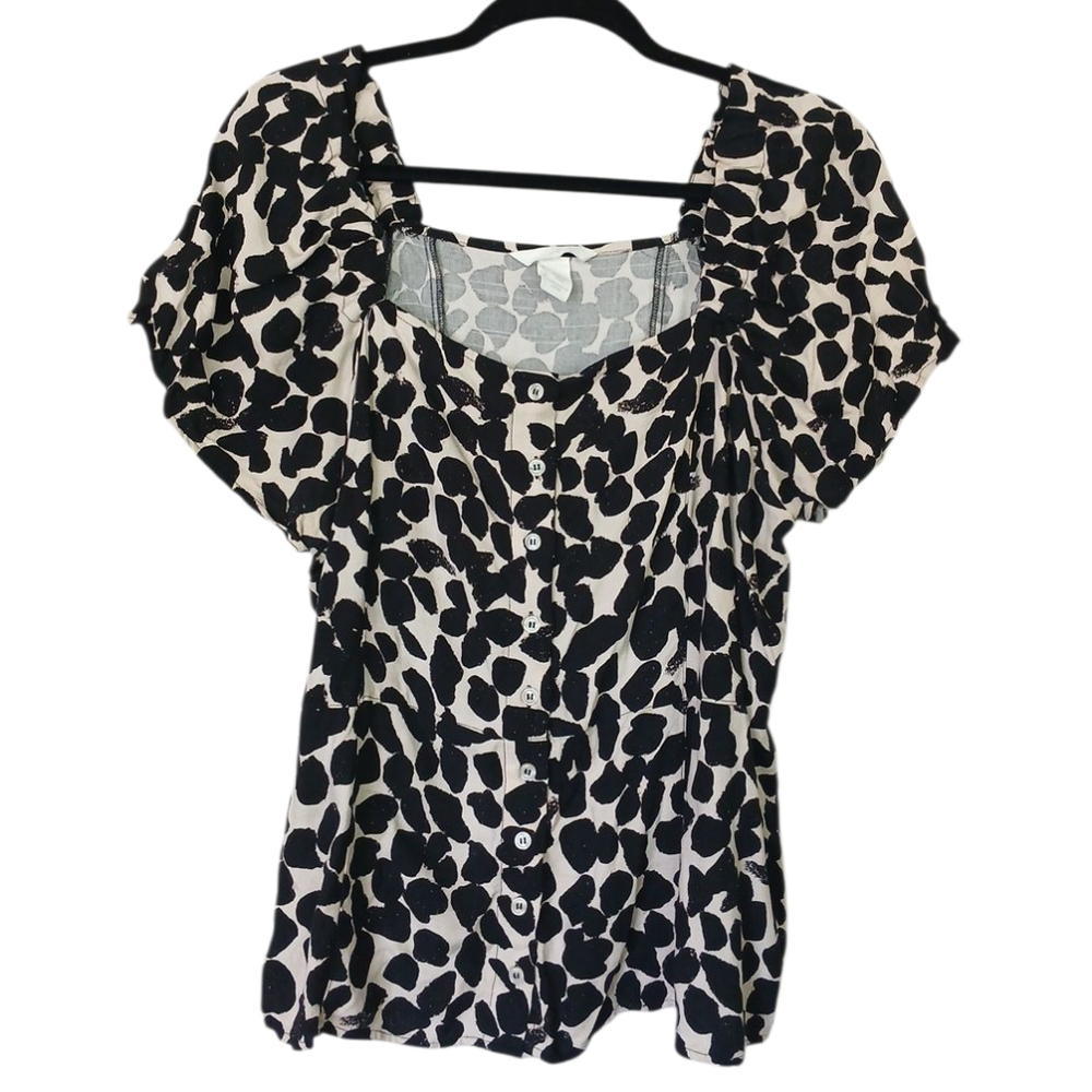 H&M Light Tan And Black Printed Button Down Blouse With Flutter Sleeves XL